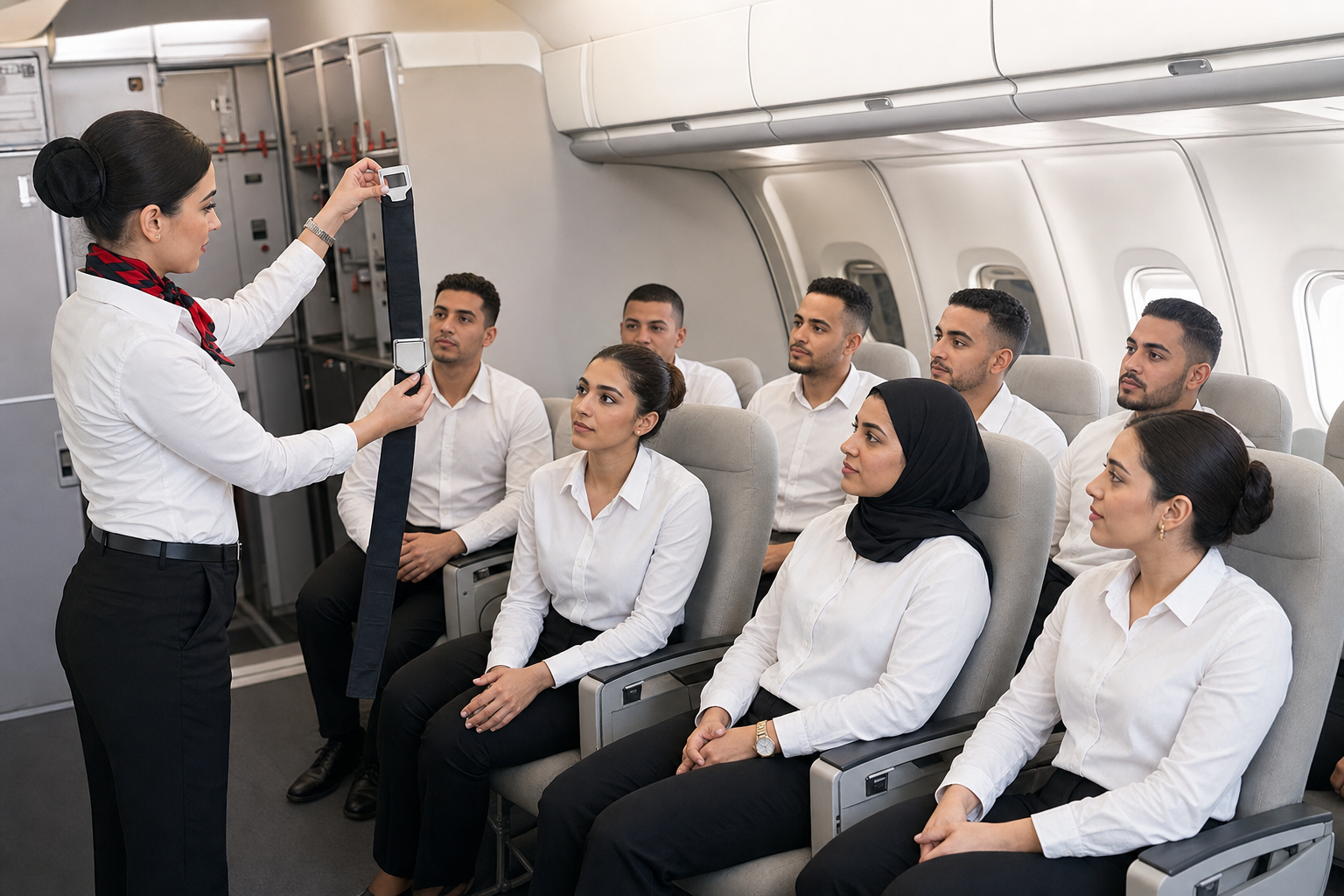 Démonstration de sécurité pendant une formation du personnel navigant commercial